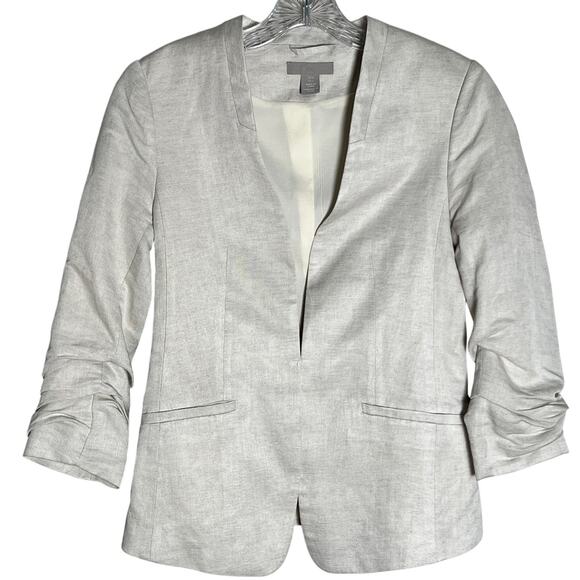 H&M Linen Blend Gathered Sleeve Open Front Blazer Jacket Women's Size 4 Beige - Picture 1 of 5